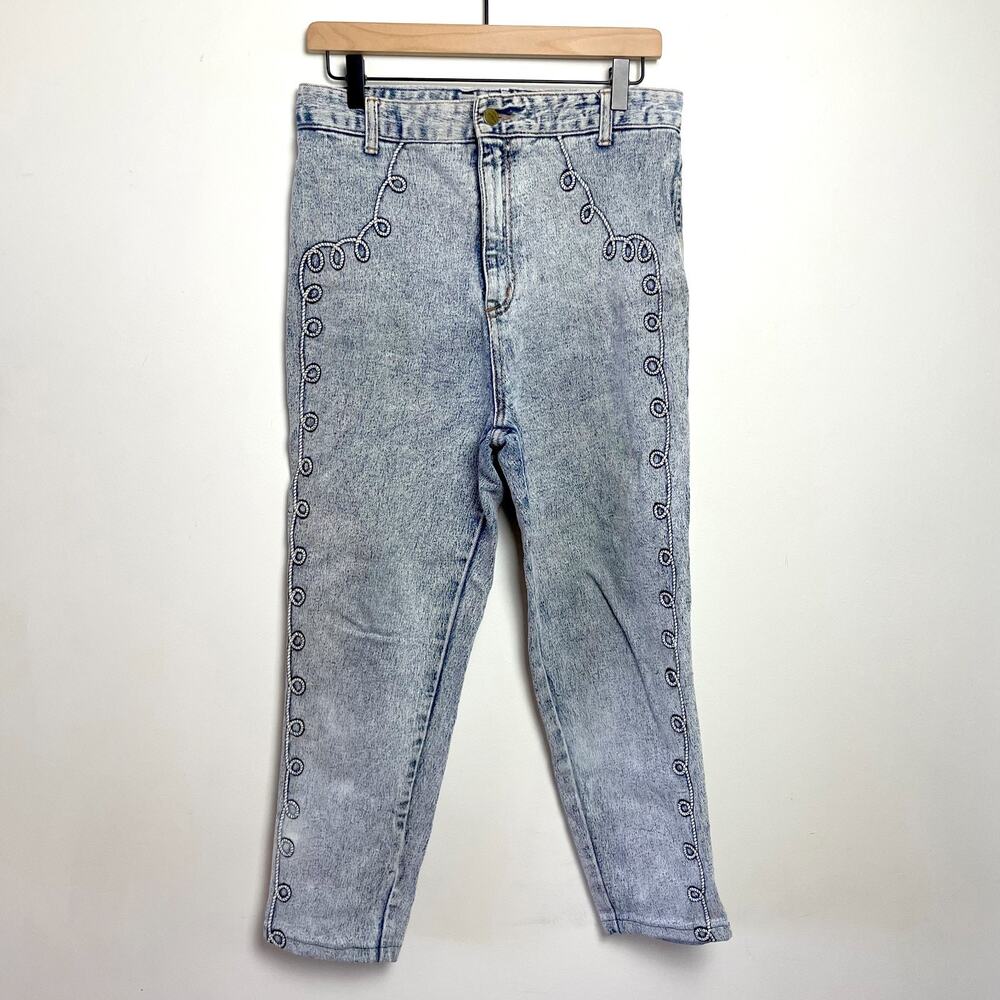 Vintage 80s LeBon Denim Jeans 15-16 Western High Rise Embroidered Acid Washed